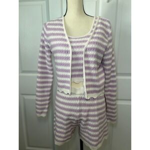 NWT Willow & Wind Crochet Striped Ivory Lavender 3‎ Pc Sweater Tank Shorts Set M